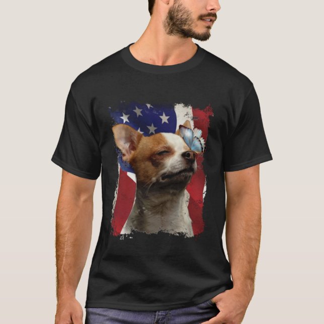 Chihuahua Butterfly American Flag 4th July Indepen T-Shirt (Front)