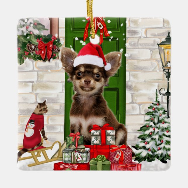 Chihuahua Christmas Ceramic Ornament (Front)