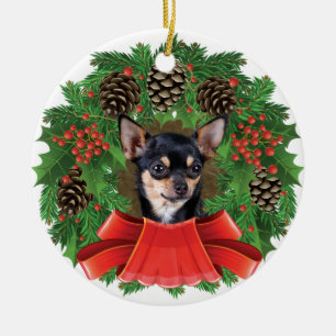 Chihuahua Christmas Holiday Wreath Ceramic Ornament