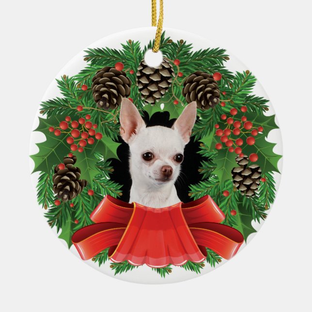 Chihuahua Christmas Holiday Wreath Ceramic Tree Decoration (Front)