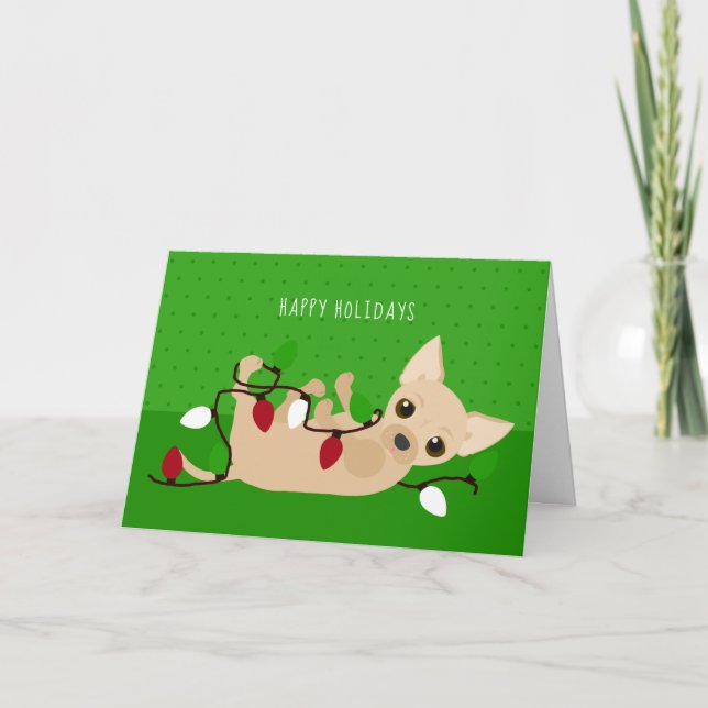 Chihuahua Christmas Lights Green Holiday Card (Front)