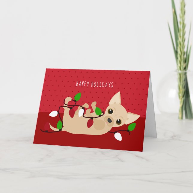 Chihuahua Christmas Lights Red Holiday Card (Front)