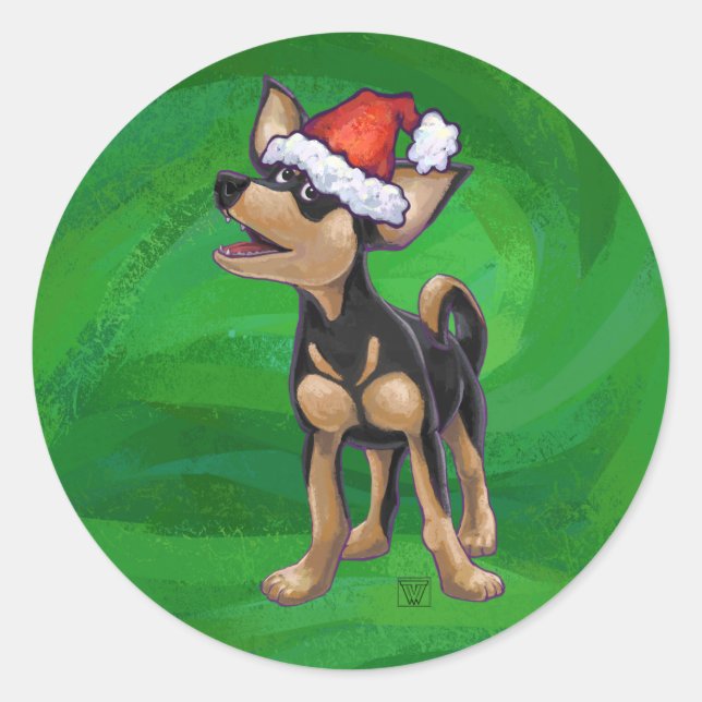 Chihuahua Christmas On Green Classic Round Sticker (Front)