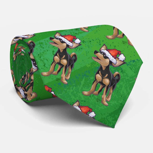Chihuahua Christmas On Green Tie (Rolled)