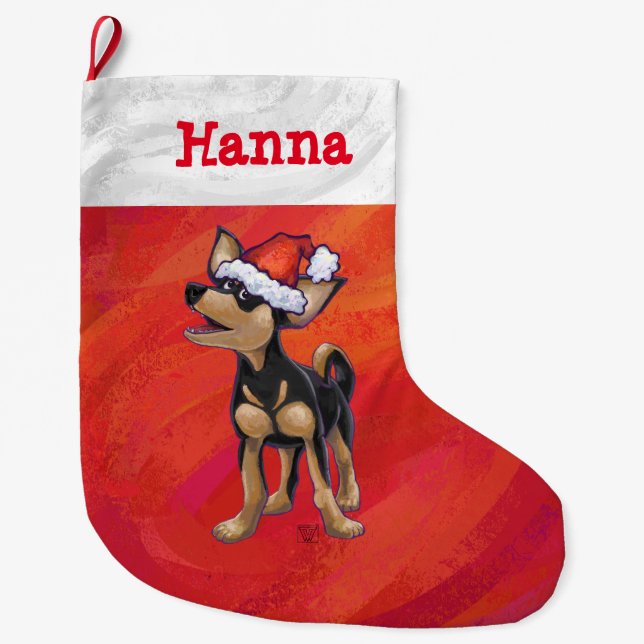 Chihuahua Christmas On Red Large Christmas Stocking (Front)