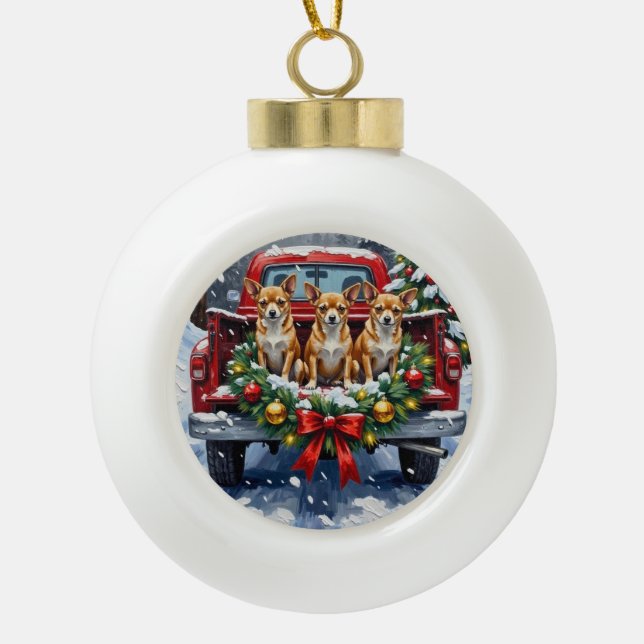 Chihuahua Christmas Red Truck Holiday Ceramic Ball Christmas Ornament (Front)