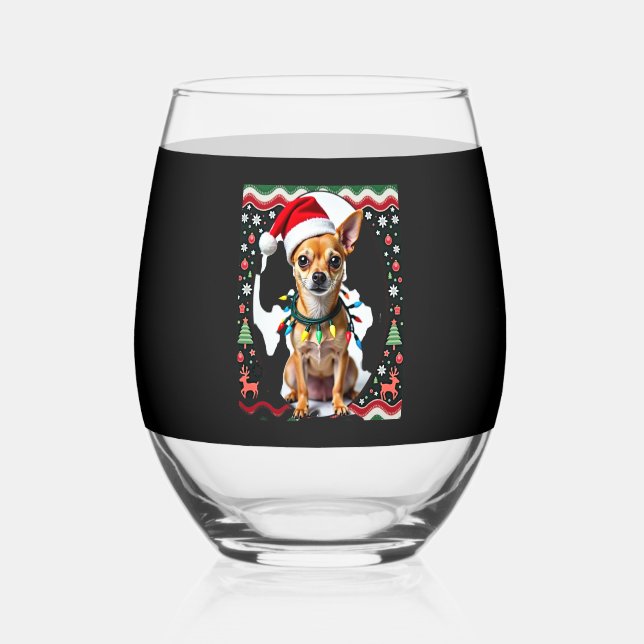 Chihuahua Christmas Santa Ugly Sweater Dog Lover X Stemless Wine Glass (Front)