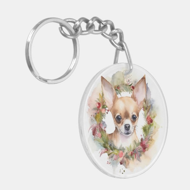 Chihuahua Christmas Wreath Festive Pup Key Ring (Front Left)