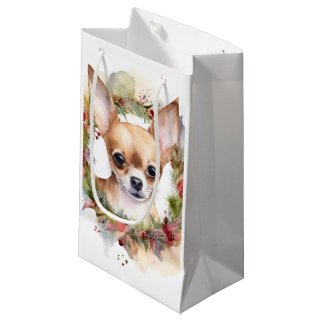 Chihuahua Christmas Wreath Festive Pup Small Gift Bag (Front Angled)