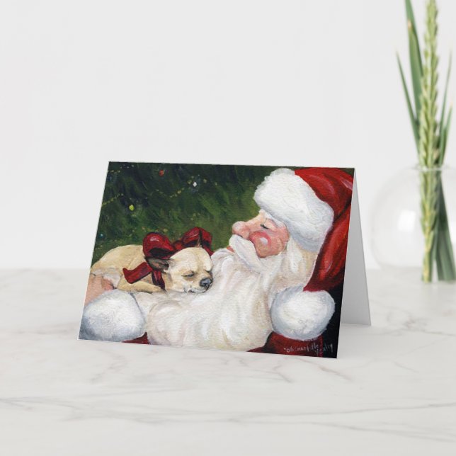 "Chihuahua Cozy Christmas" Dog Art Greeting Card (Front)