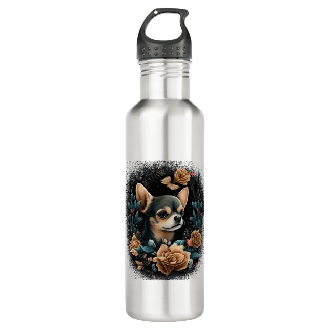 Chihuahua Cute Dog Beautiful Flowers Girl 710 Ml Water Bottle (Front)