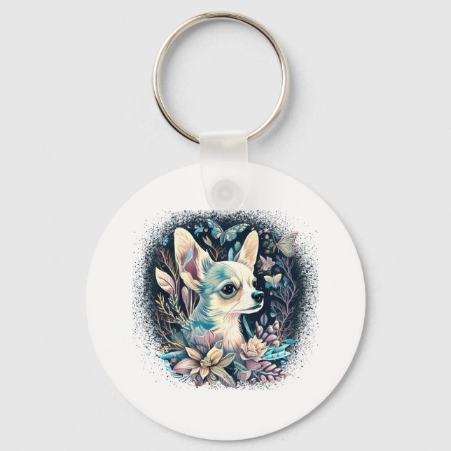 Chihuahua Cute Dog Beautiful Flowers Girl Key Ring (Front)