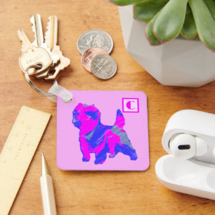 Chihuahua Cute Dog Pink & Blue Silhouette Monogram Key Ring