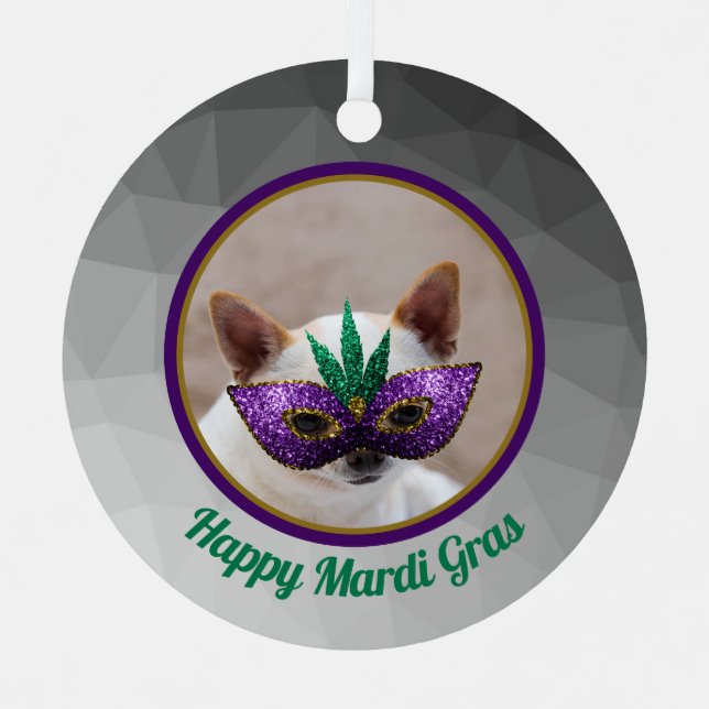 Chihuahua cute Happy Mardi Gras sparkly mask photo Metal Tree Decoration (Front)