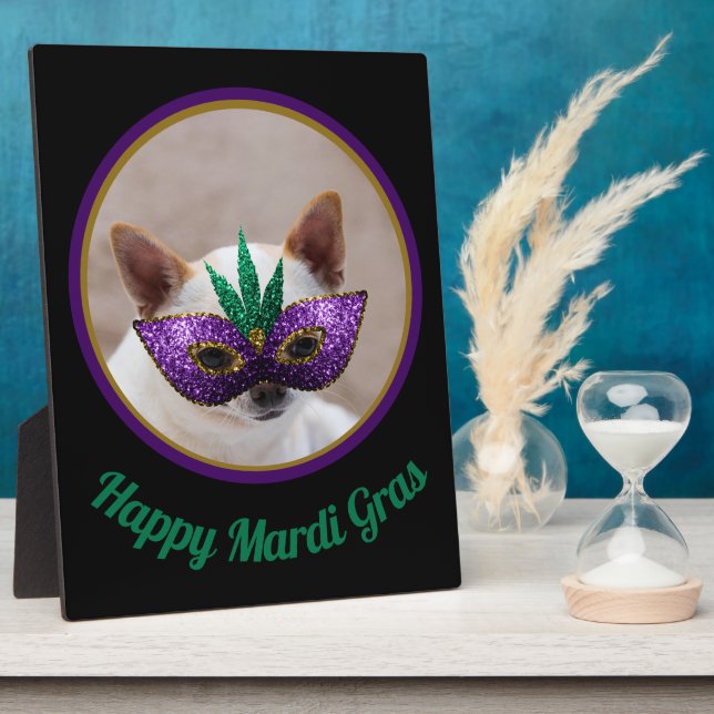 Chihuahua cute Happy Mardi Gras sparkly mask photo Plaque (Side)