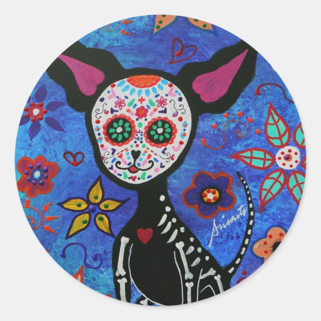 Chihuahua Dia de los Muertos Classic Round Sticker (Front)