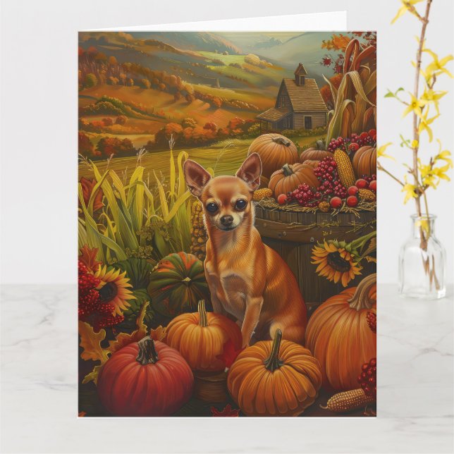 Chihuahua Dog Autumn Harvest Thanksgiving  Card (Yellow Flower)