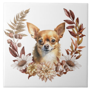 Chihuahua Dog Autumn Wreath Ceramic Tile