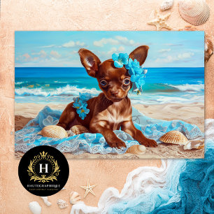 Chihuahua Dog Blue Floral Beach Shells Decoupage  Tissue Paper