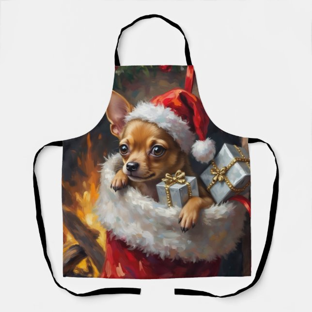 Chihuahua Dog Christmas Stocking Surprise Art Apron (Front)