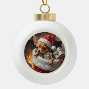 Chihuahua Dog Christmas Stocking Surprise Art Ceramic Ball Christmas Ornament