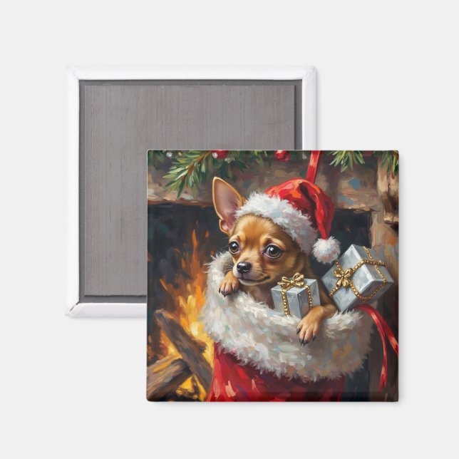Chihuahua Dog Christmas Stocking Surprise Art Magnet (Front/Back)