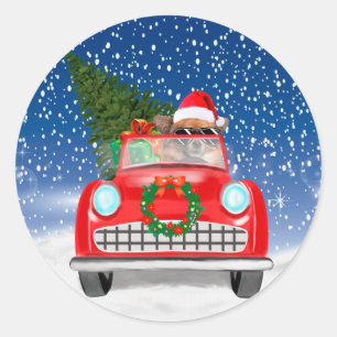  Chihuahua Dog Driving Car In Snow Christmas  Classic Round Sticker