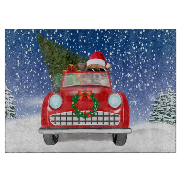  Chihuahua Dog Driving Car In Snow Christmas  Cutting Board (Front)