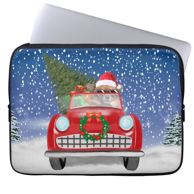  Chihuahua Dog Driving Car In Snow Christmas  Laptop Sleeve (Front)