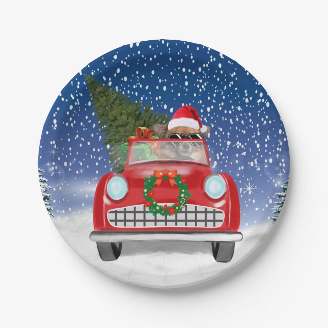  Chihuahua Dog Driving Car In Snow Christmas Paper Plate (Front)