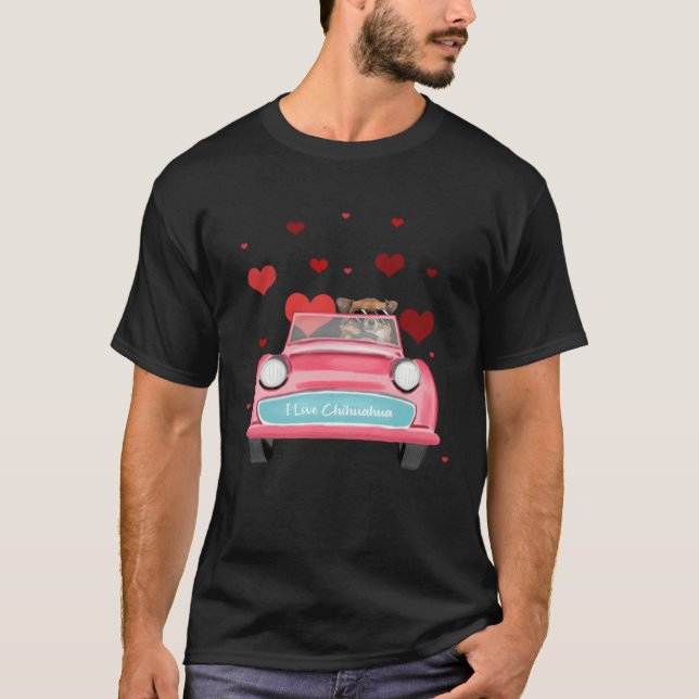 Chihuahua Dog Driving Car with Flying Hearts T-Shirt (Front)