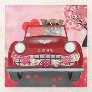 Chihuahua Dog Driving Car with Hearts Valentine's  Glass Coaster