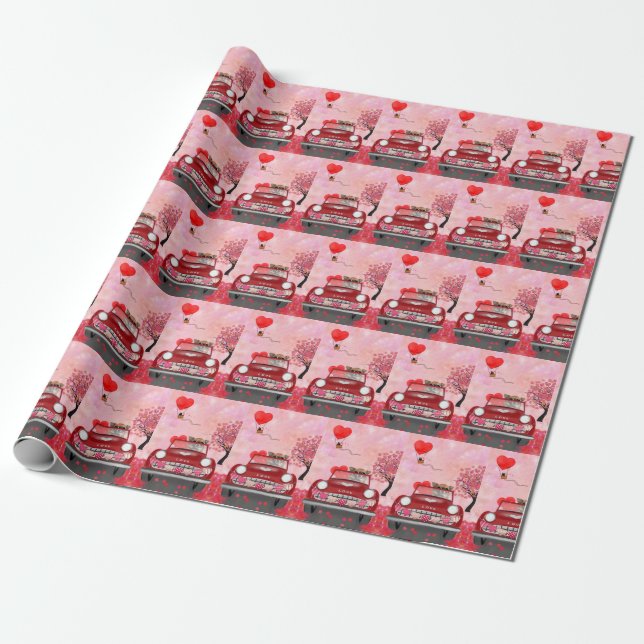 Chihuahua Dog Driving Car with Hearts Valentine's Wrapping Paper (Unrolled)