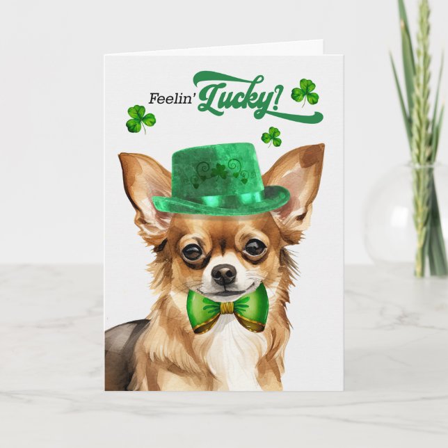 Chihuahua Dog Feelin' Lucky St Patrick's Day Holiday Card (Front)