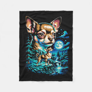 Chihuahua dog full moon night forest waterfall fleece blanket