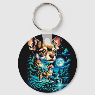 Chihuahua dog full moon night forest waterfall key ring