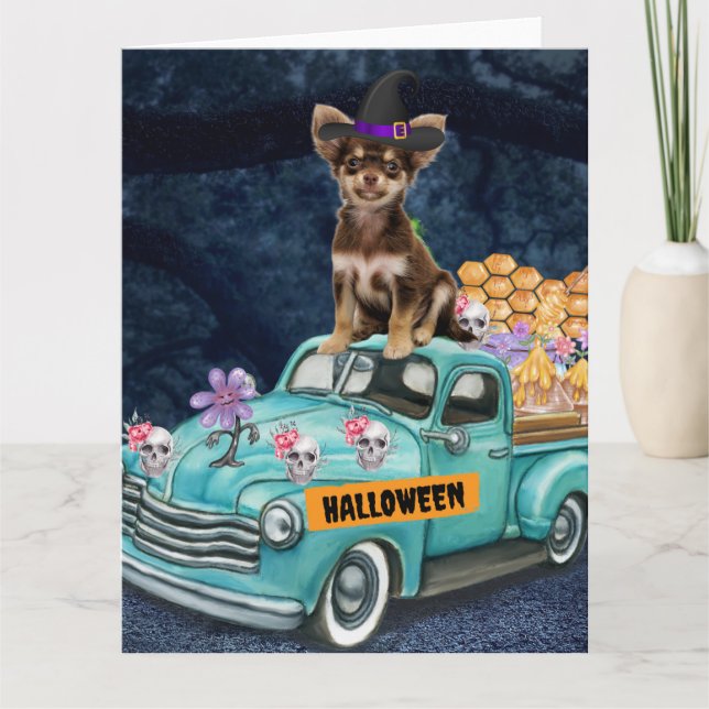 Chihuahua Dog Halloween Truck Scary Night  Card (Front)