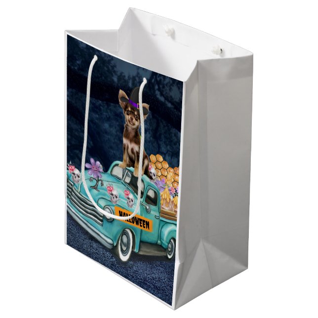 Chihuahua Dog Halloween Truck Scary Night  Medium Gift Bag (Front Angled)