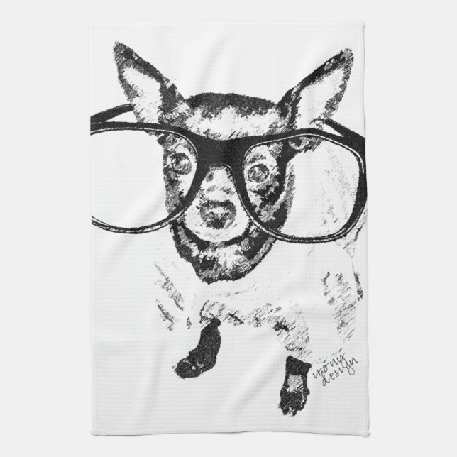 Chihuahua Dog Illustration Drawing Tea Towel (Vertical)