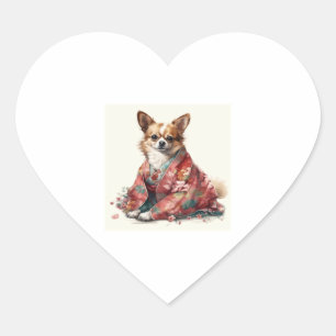 Chihuahua Dog In Japanese Kimono Robe Illustration Heart Sticker