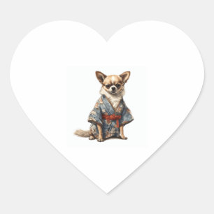 Chihuahua Dog In Japanese Kimono Robe Illustration Heart Sticker