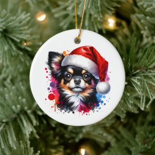 Chihuahua Dog in Santa Hat Christmas Ceramic Ornament