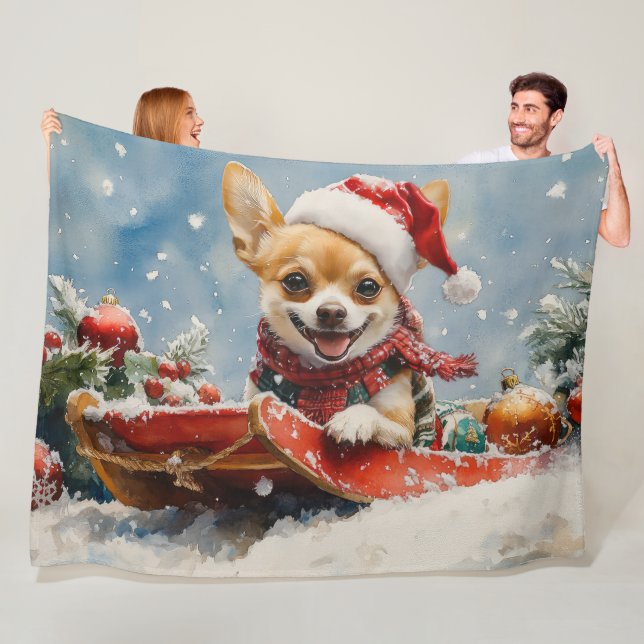 Chihuahua Dog in Sledge Let it Snow Christmas Fleece Blanket (In Situ)