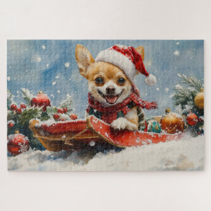Chihuahua Dog in Sledge Let it Snow Christmas Jigsaw Puzzle