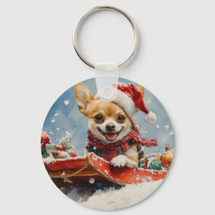 Chihuahua Dog in Sledge Let it Snow Christmas Key Ring
