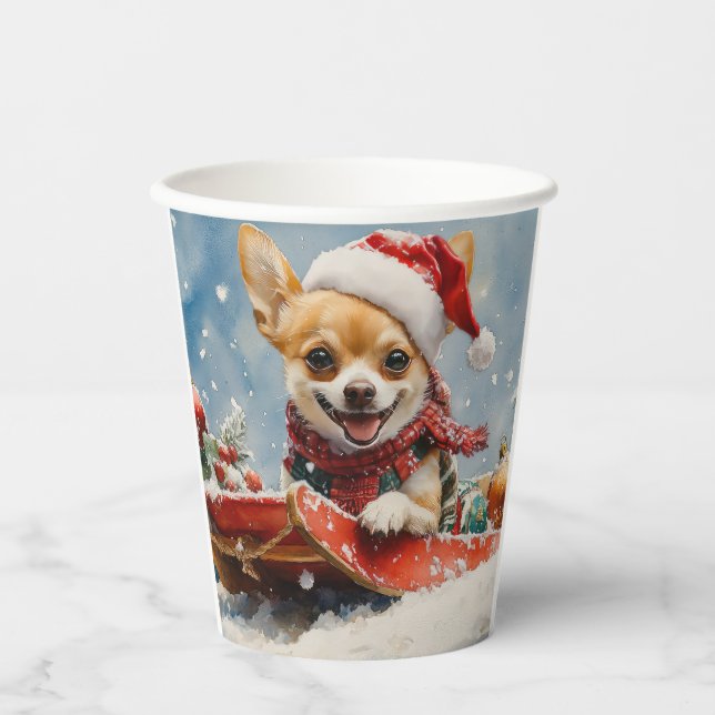 Chihuahua Dog in Sledge Let it Snow Christmas Paper Cups (Front)