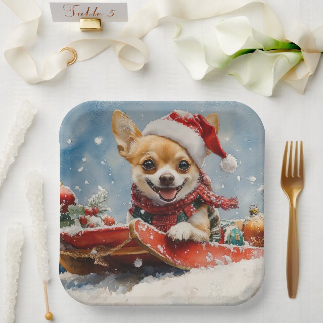 Chihuahua Dog in Sledge Let it Snow Christmas Paper Plate (Wedding)