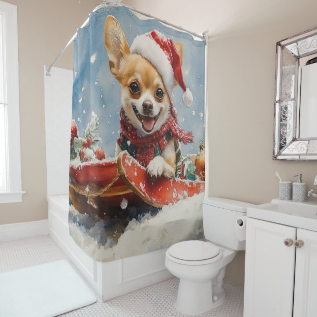 Chihuahua Dog in Sledge Let it Snow Christmas Shower Curtain (In Situ)