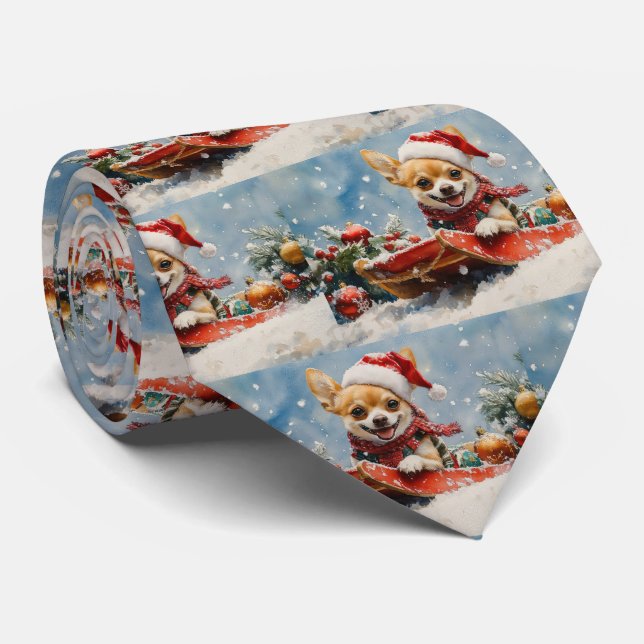 Chihuahua Dog in Sledge Let it Snow Christmas Tie (Rolled)
