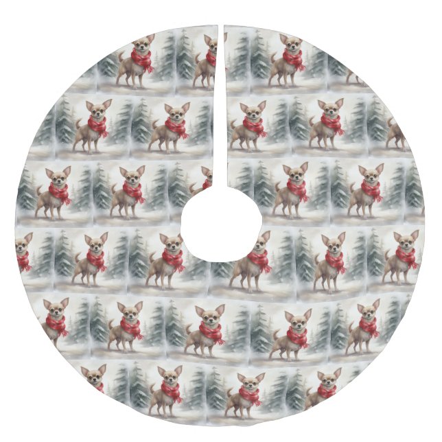 Chihuahua Dog in Snow Christmas  Brushed Polyester Tree Skirt (Front)
